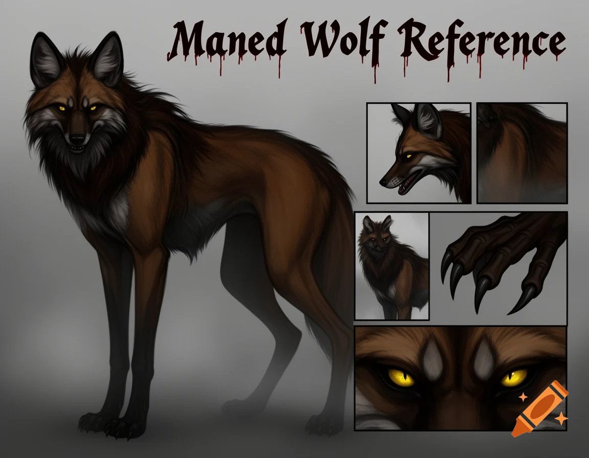 A stylized illustration reference sheet of a brown maned wolf with a dark mane, glowing yellow eyes, and sharp claws.