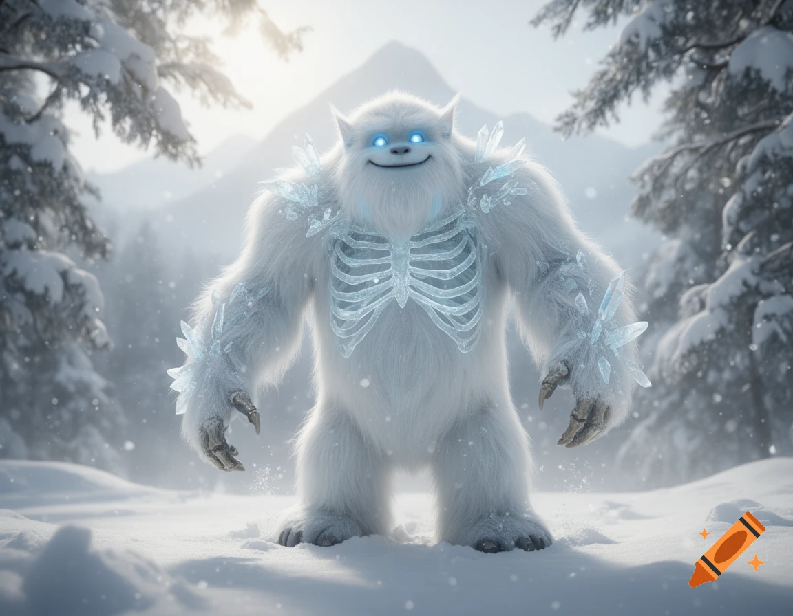 Friendly, white, furry yeti with glowing blue eyes and an icy ribcage, adorned with ice crystals, stands in a snowy mountain forest.