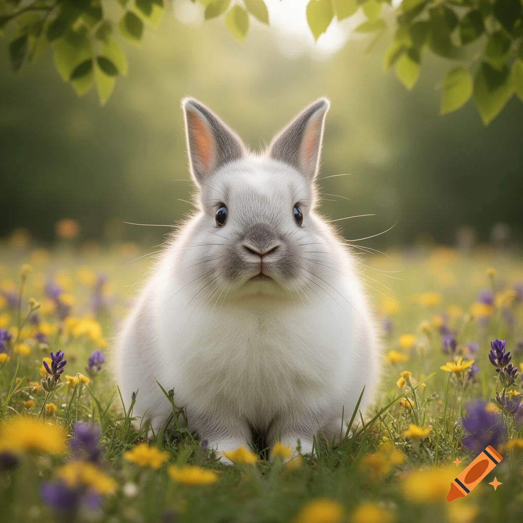 A fluffy white and grey rabbit sits in a field of yellow and purple wildflowers, with green leaves hanging from above.