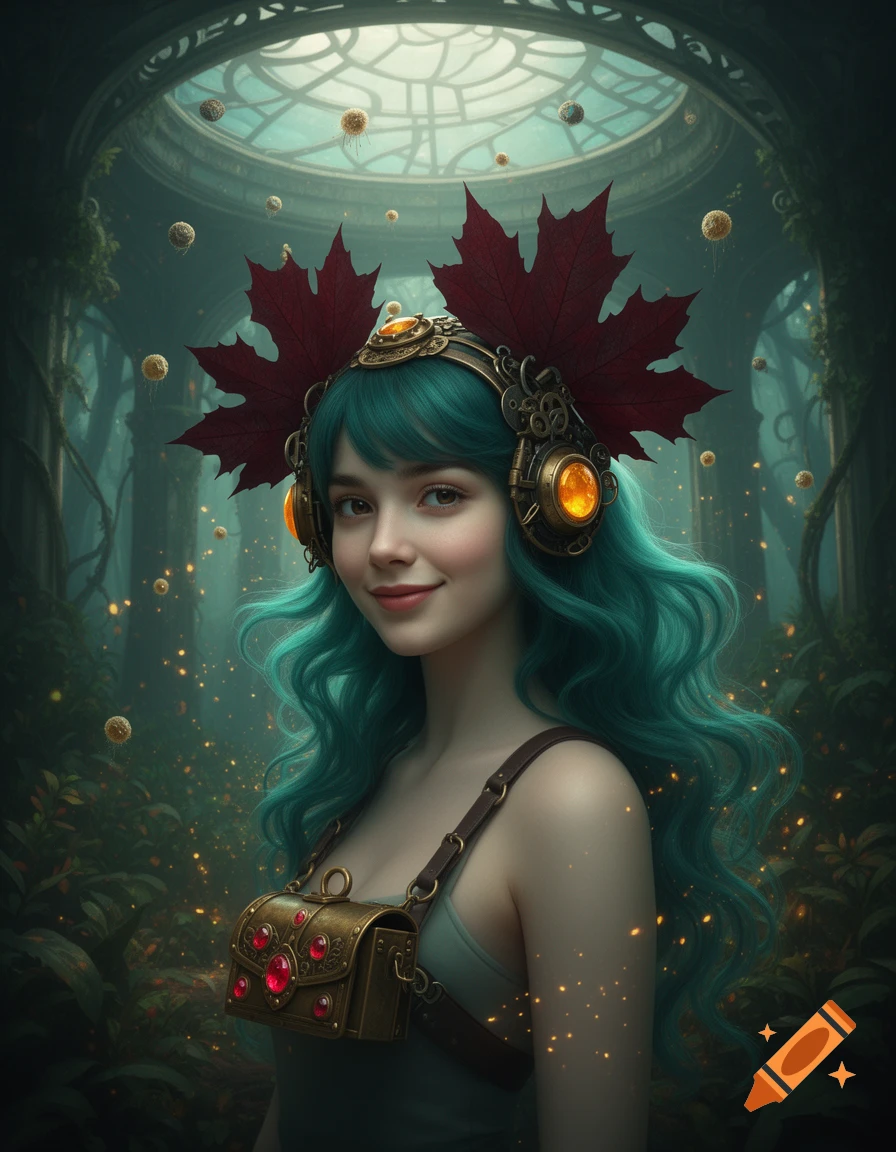 Photorealistic portrait of a teal-haired woman wearing a steampunk headpiece with red maple leaves and a brass chest piece, in a mystical forest.