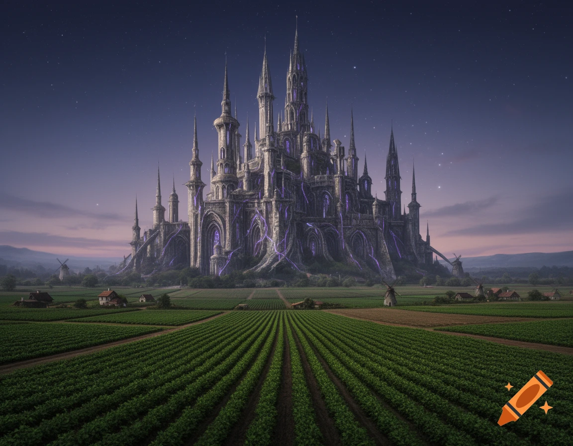 A colossal, dark fantasy castle with glowing purple accents and multiple spires stands amidst vibrant green farmland under a starry twilight sky.