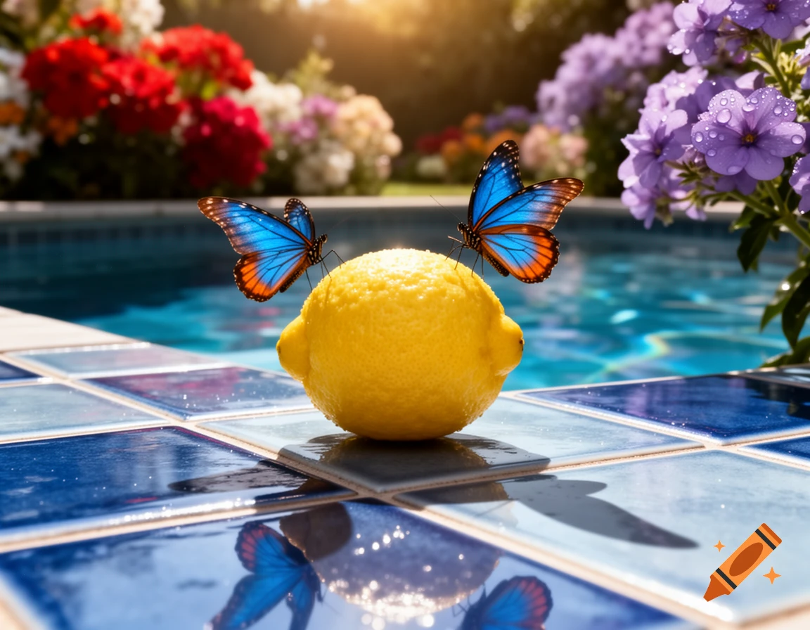Two blue and orange butterflies rest on a lemon beside a swimming pool, with colorful flowers in the background under bright sunlight.