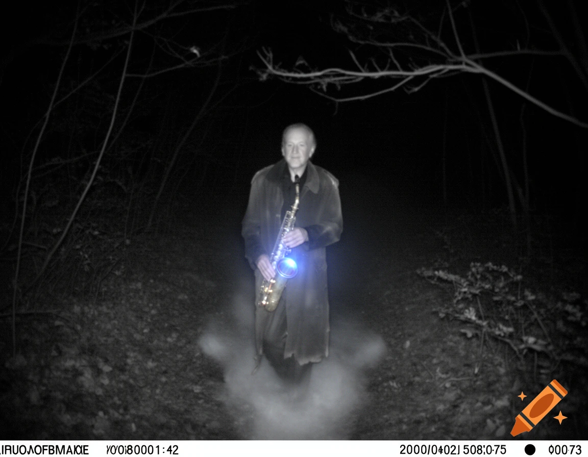 A man in a trench coat holds a saxophone glowing blue, captured by a grainy trail camera at night in a dark forest.