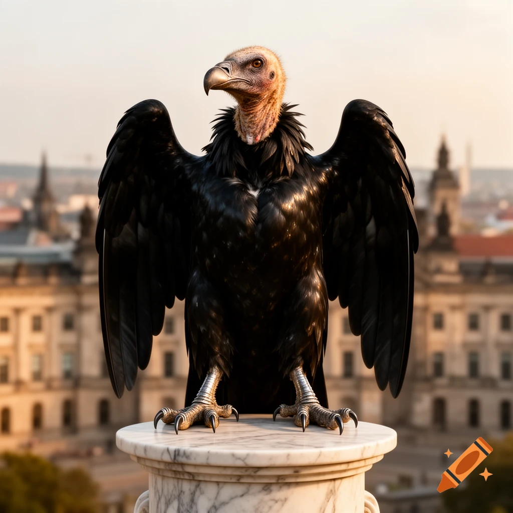 A photorealistic depiction of a black vulture-headed eagle with spread wings, perched on a marble pedestal overlooking a city skyline.