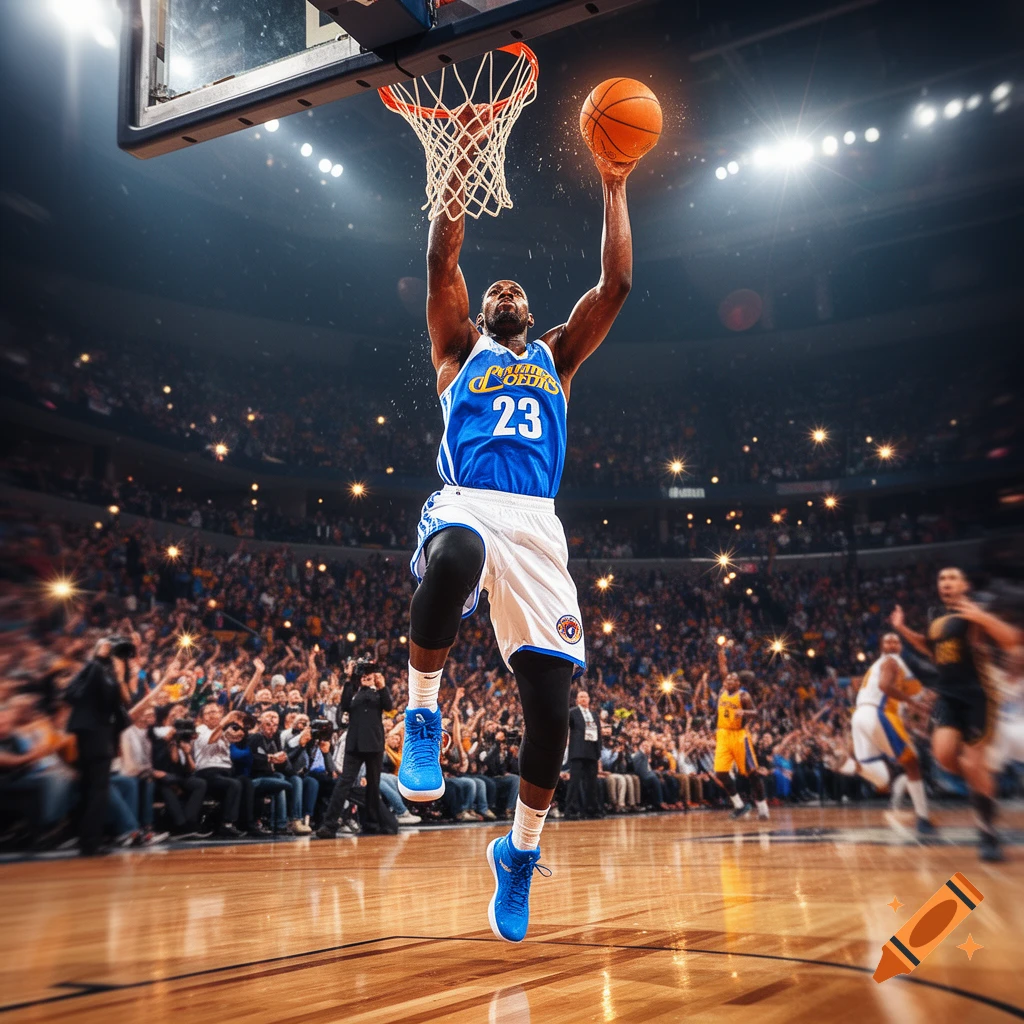 A photorealistic image of a basketball player wearing a blue and white jersey, number 23, mid-dunk in a brightly lit arena with a cheering crowd.