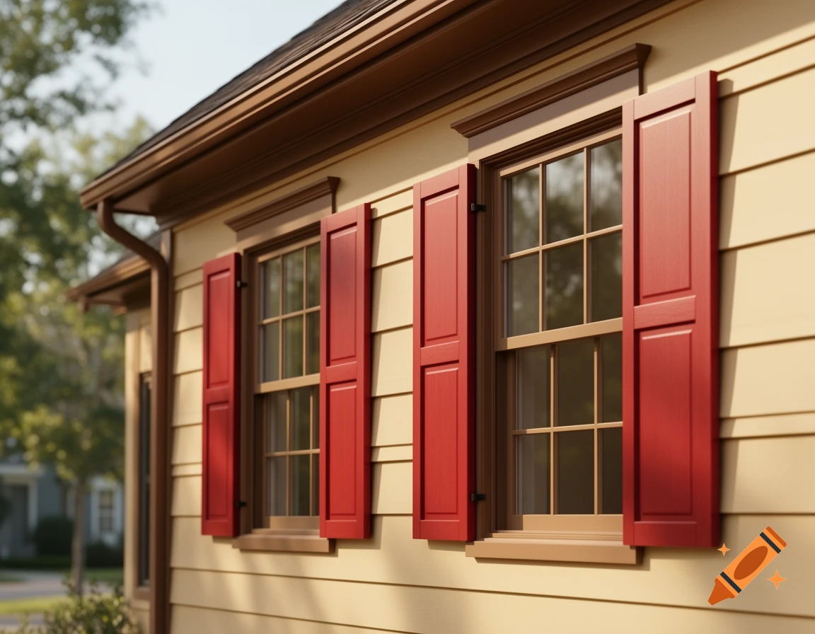 Side of a house with light almond siding, two windows with red shutters, and a brown roof and gutter in a photorealistic style.