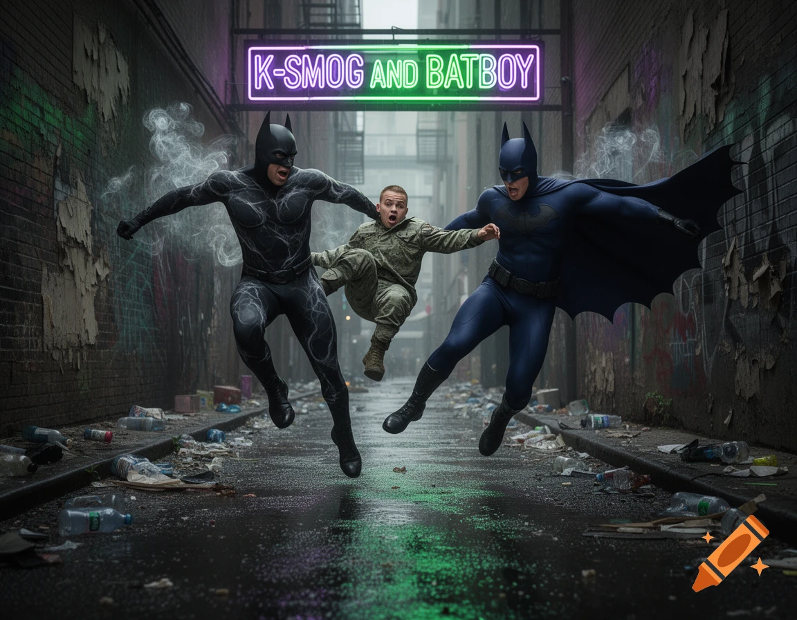 Two Batman-like figures and a person in military fatigues leap in a dark, trash-strewn alley under a neon sign reading 'K-SMOG AND BATBOY'.