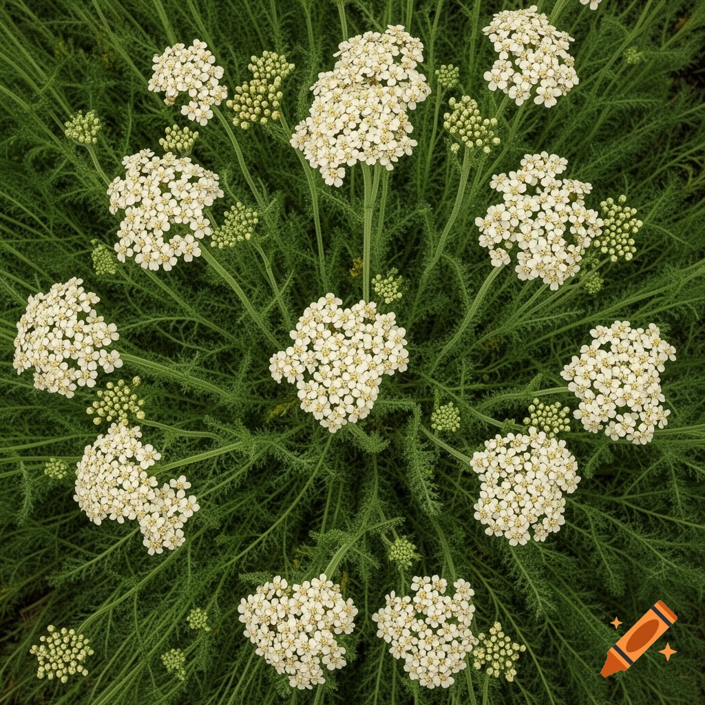 Top-down view of white yarrow flowers clustered among intricate green foliage.
