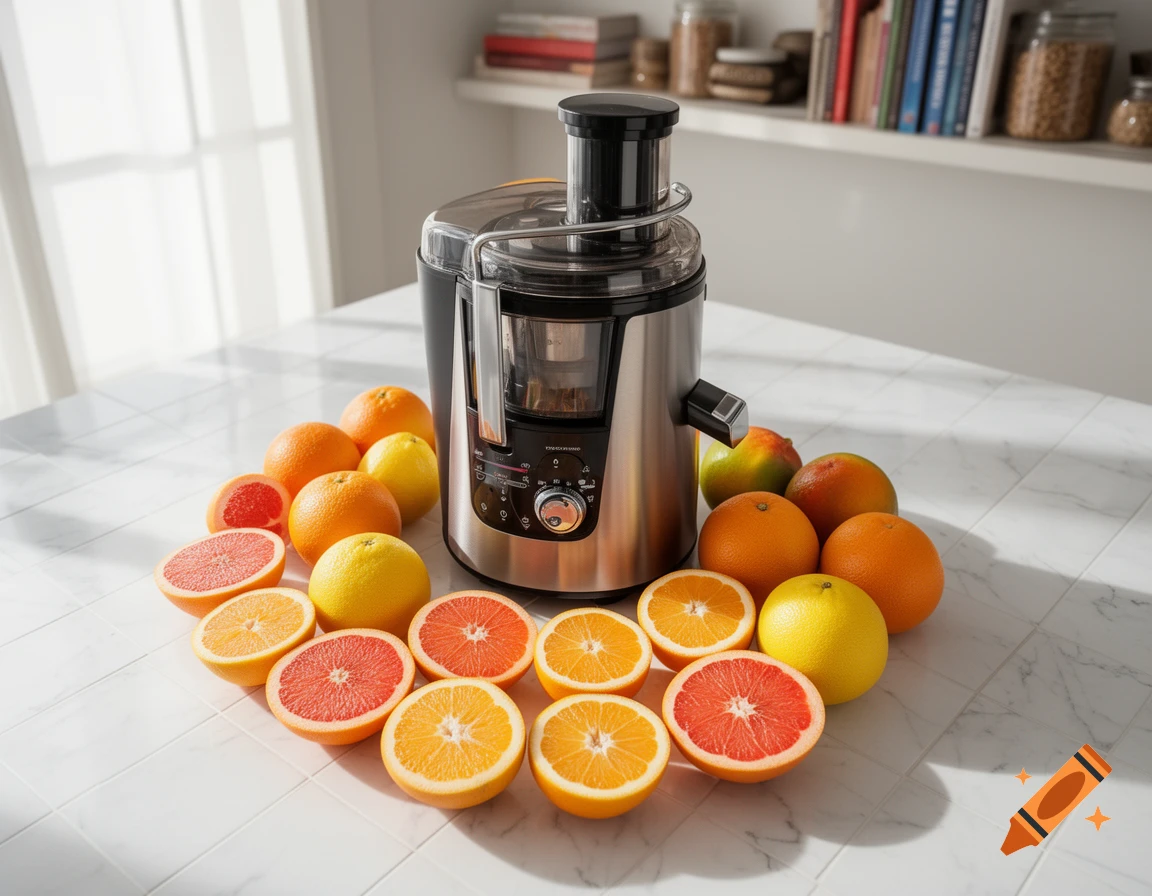An electric juicer sits on a white tiled kitchen counter, surrounded by whole and halved oranges and grapefruits.