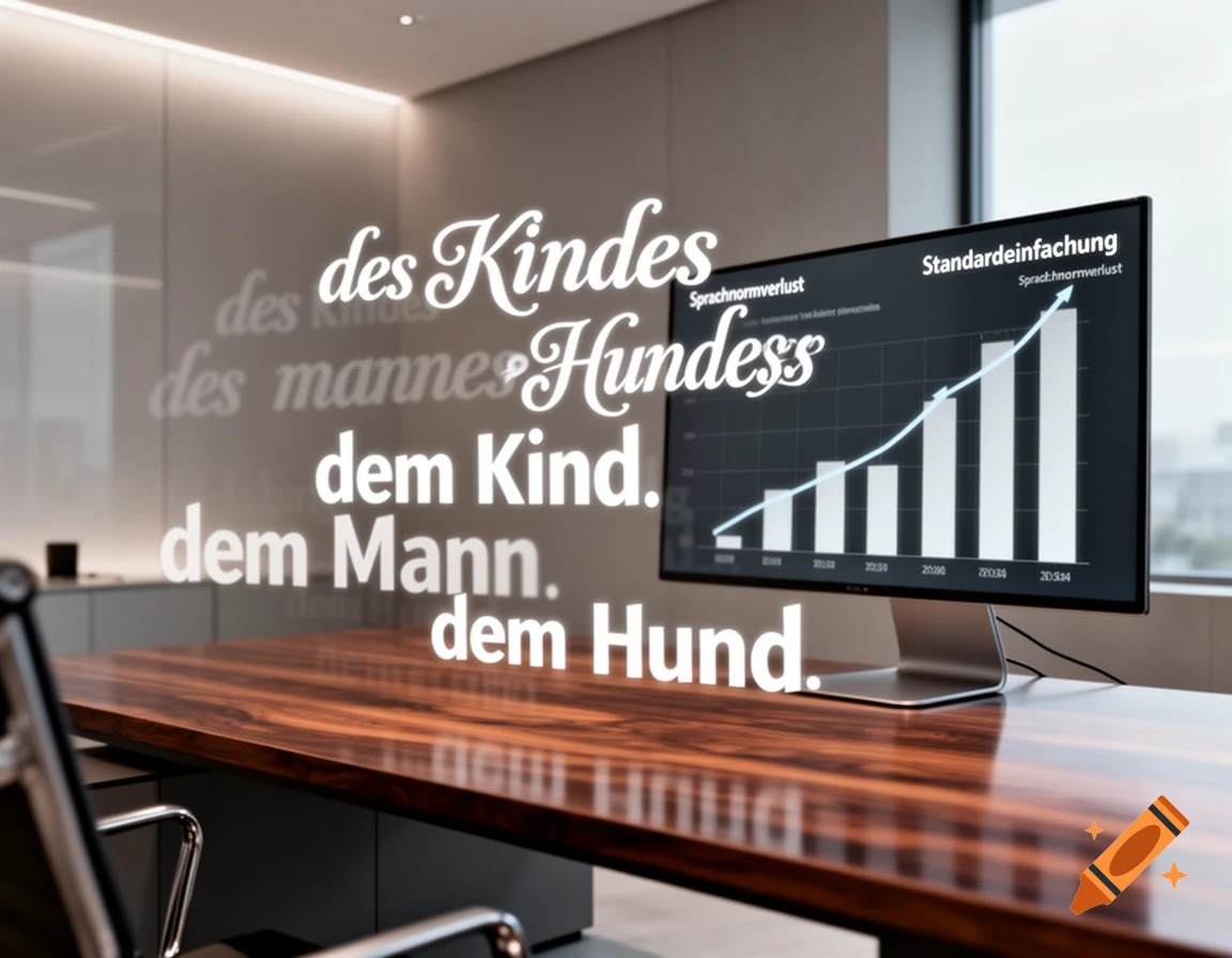 A modern office meeting room with a large wooden table. Holographic German text phrases like 'des Kindes' and 'dem Kind' float in the air. A monitor displays a bar graph and a line chart titled 'Standareinfachung' and 'Sprachnormverlust'.