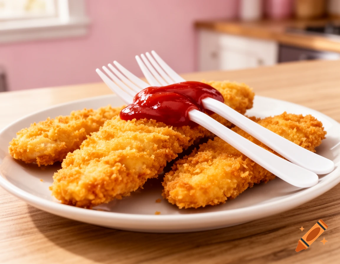 Photorealistic close-up of breaded chicken tenders on a white plate, topped with ketchup resting on two white plastic forks.
