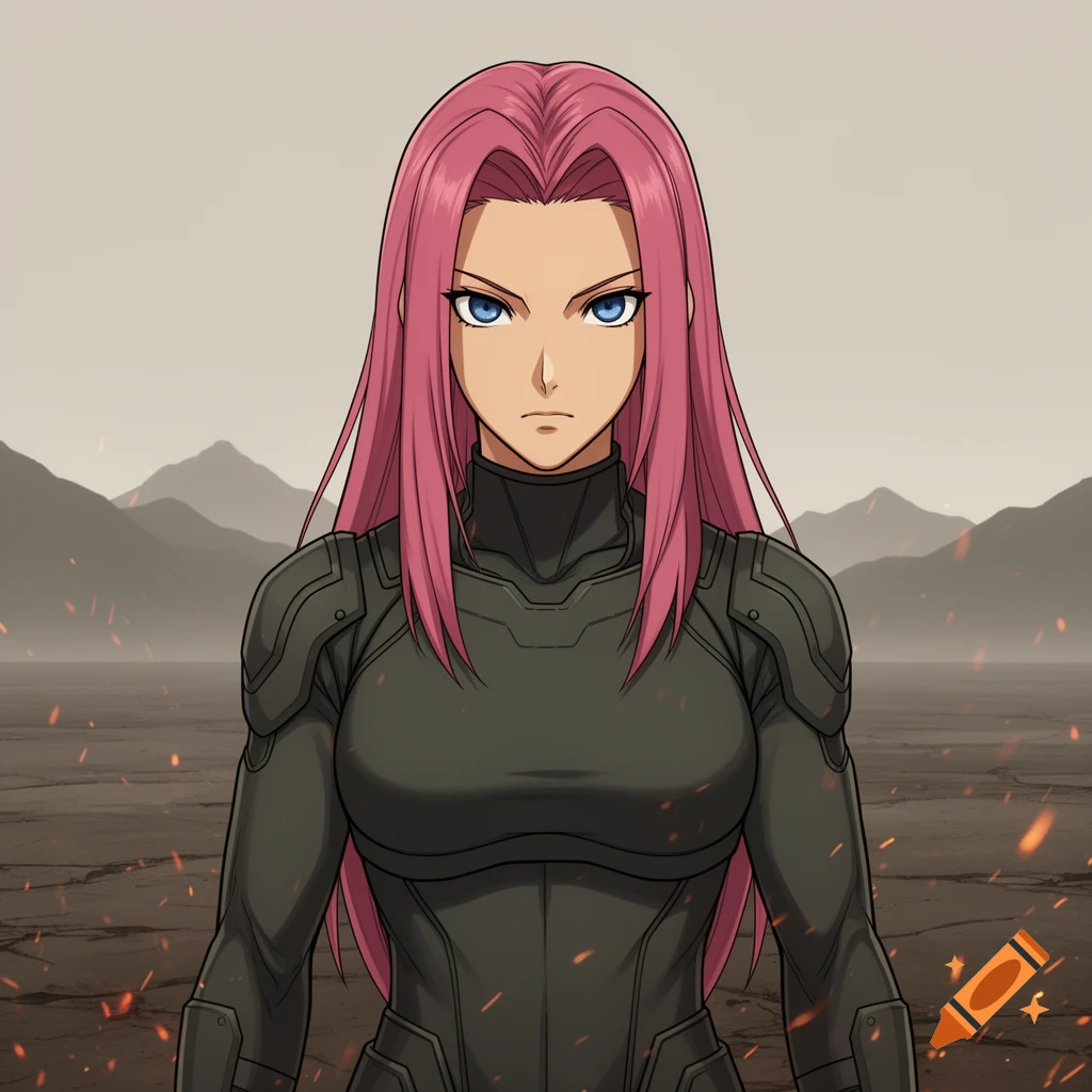 Anime woman with long pink hair and blue eyes, wearing a dark futuristic suit, stands in a barren, mountainous landscape.