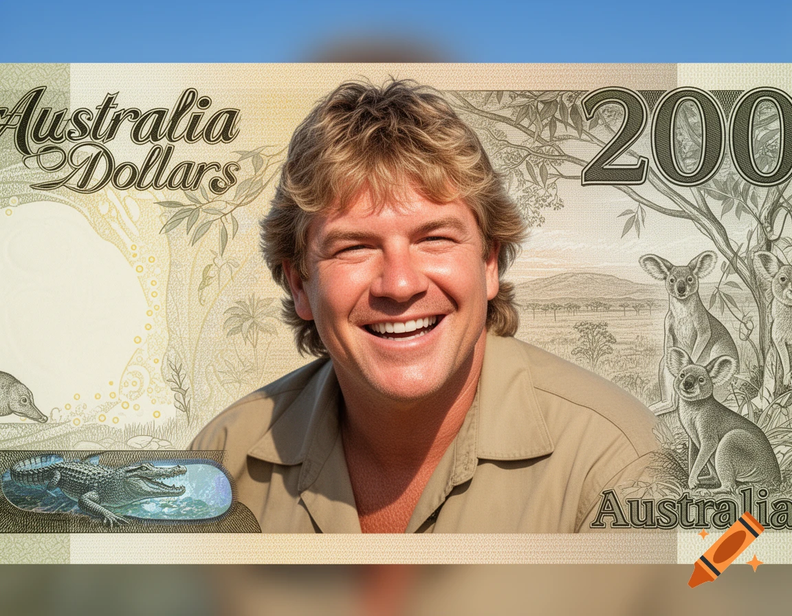 A smiling Steve Irwin is prominently featured on a detailed Australian $200 banknote with koalas, a crocodile, and 'Australia Dollars' text.