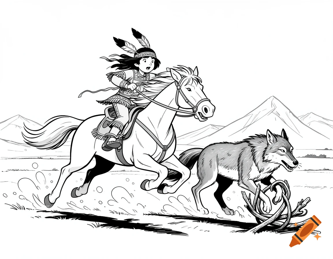 Black and white cartoon illustration of Yakari riding his horse Little Thunder alongside a wolf.