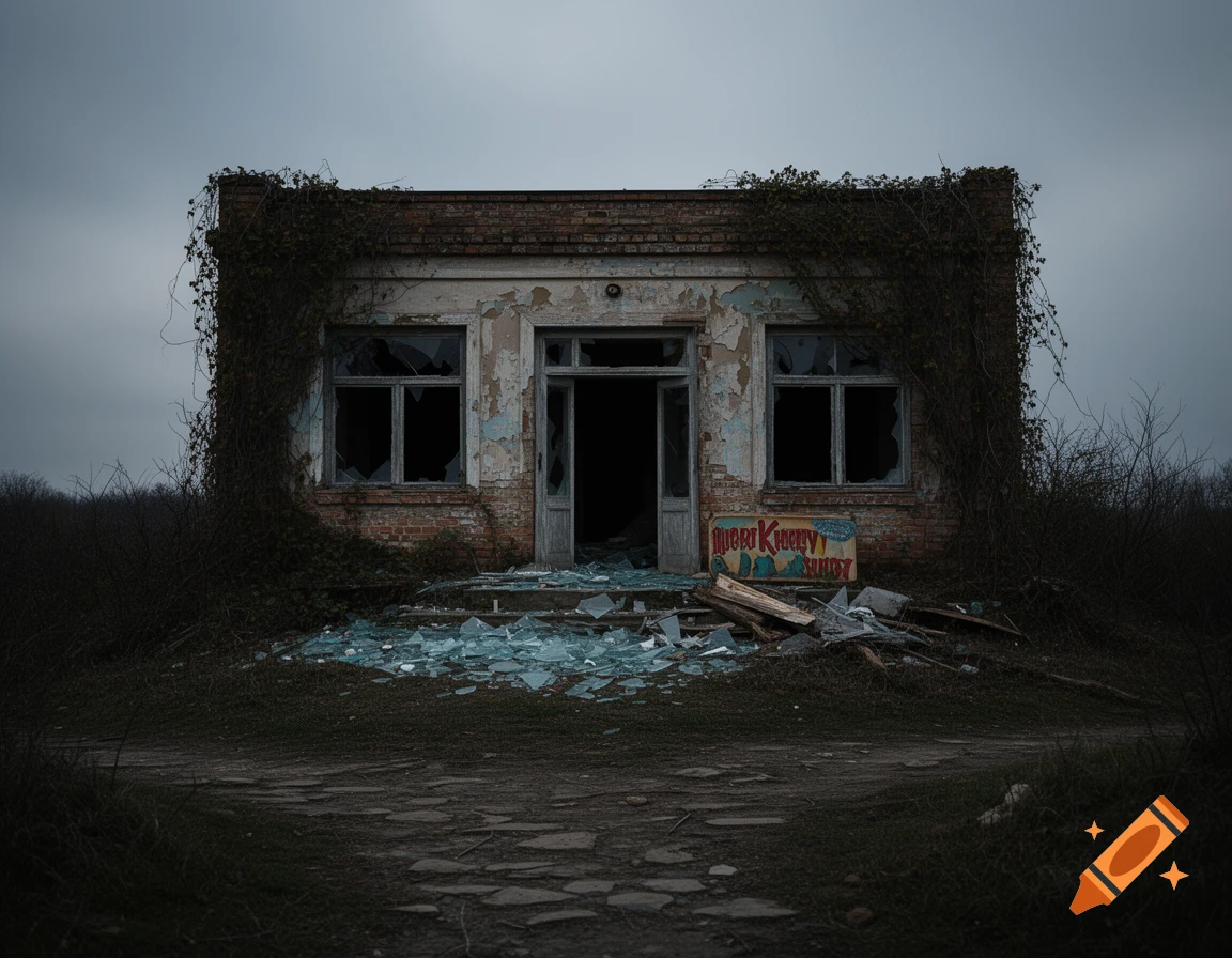 A photorealistic image of an abandoned brick building with smashed windows, a broken door, and broken glass on the ground, under a dark, overcast sky.
