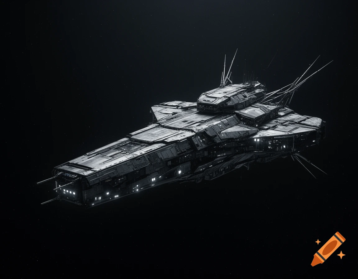 A detailed, futuristic grey and black metal spaceship with bright lights floats in dark space with tiny stars.