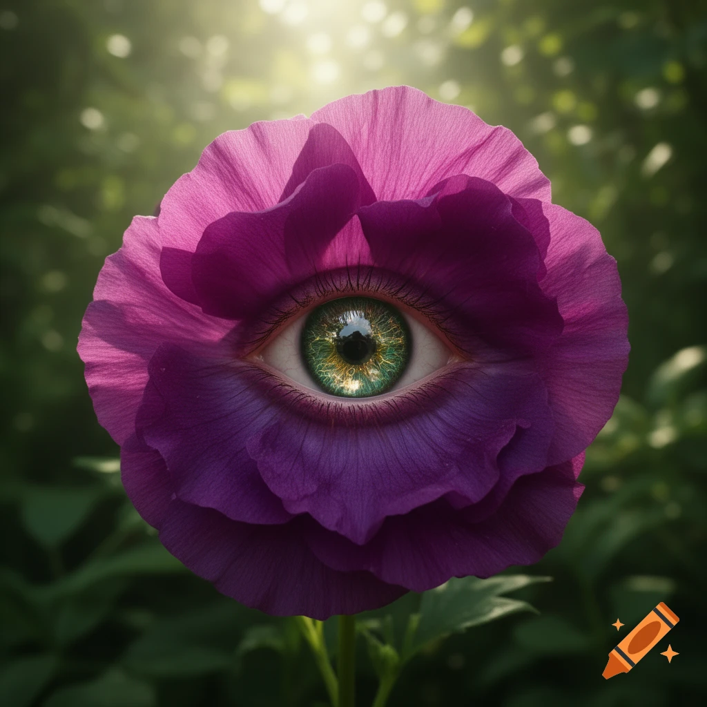 A vibrant purple flower with a detailed green and gold human eye at its center, set in a soft-focus natural background.
