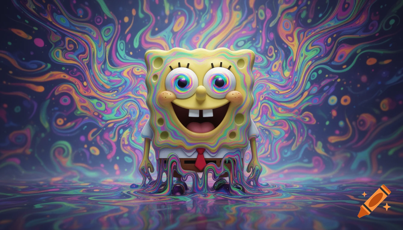 Spongebob Squarepants with colorful spiral eyes and melting patterns, standing in a vibrant psychedelic swirl of neon colors.