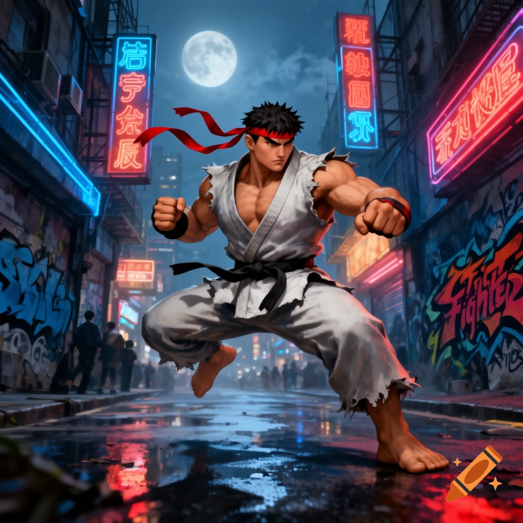 Ryu from Street Fighter in a fighting stance in a neon-lit city alley at night, with a full moon and graffiti.