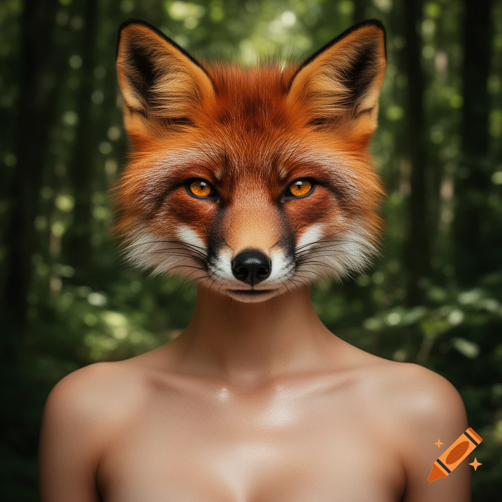 Close-up of a photorealistic human torso with a detailed fox head, against a blurred forest background.