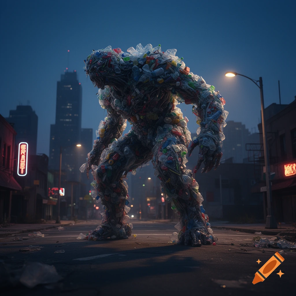 A large, menacing monster made of plastic waste stands on a dark city street at night, with buildings and streetlights in the background.