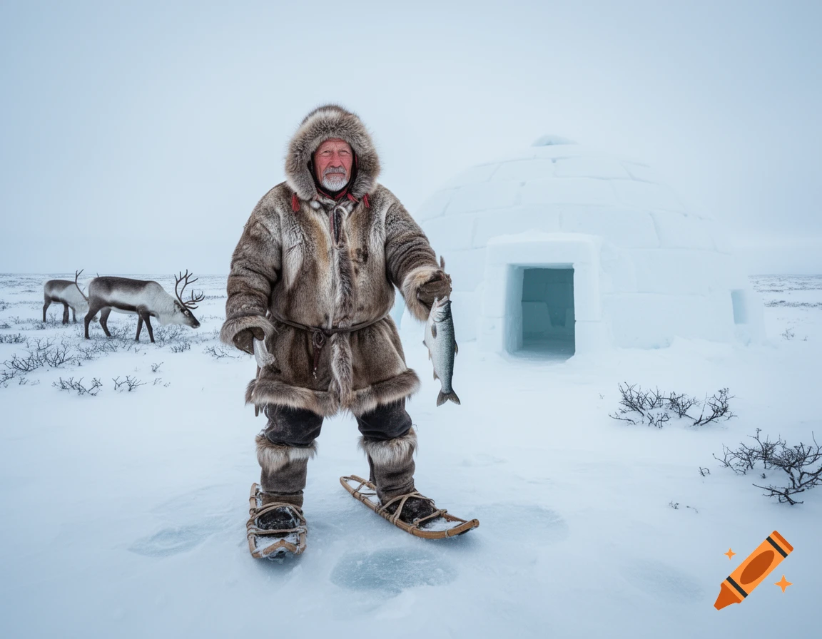 Elderly man in a fur parka and snowshoes holding a fish, standing in a snowy landscape with an igloo and reindeer.
