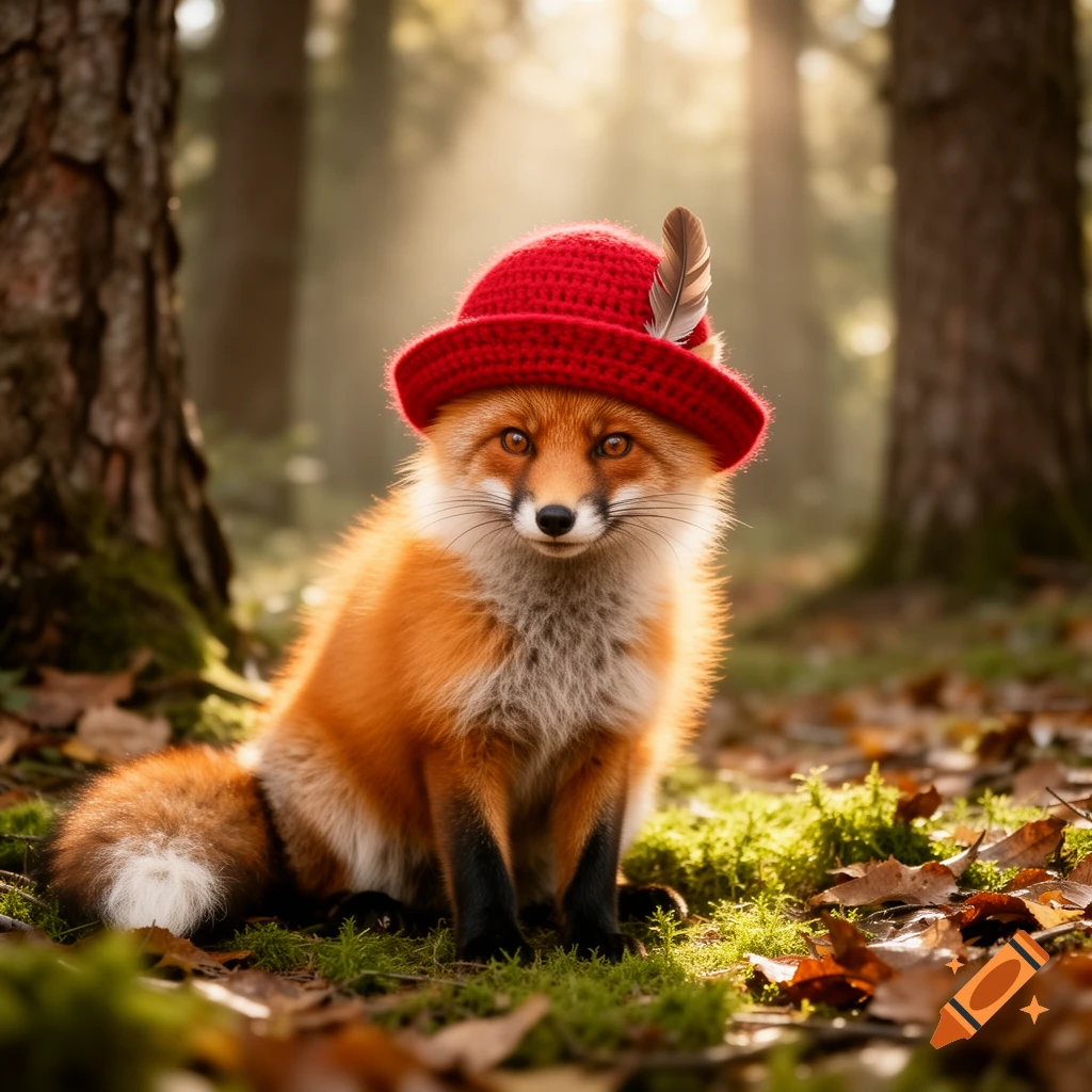 A photorealistic orange fox with a white chest and black paws sits in a forest, wearing a red knitted hat with a feather.