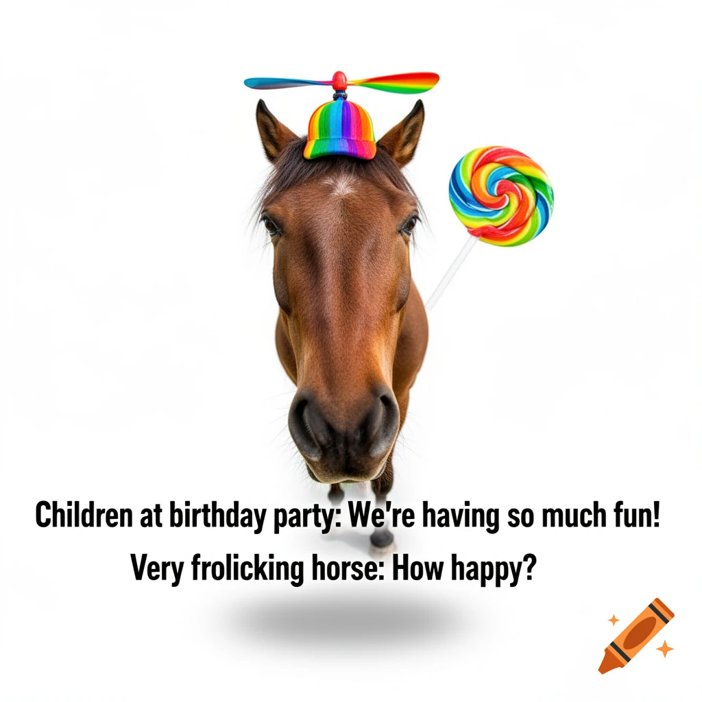A brown horse with a rainbow propeller hat and a large rainbow lollipop, on a white background. Meme text says: "Children at birthday party: We're having so much fun! Very frolicking horse: How happy?"