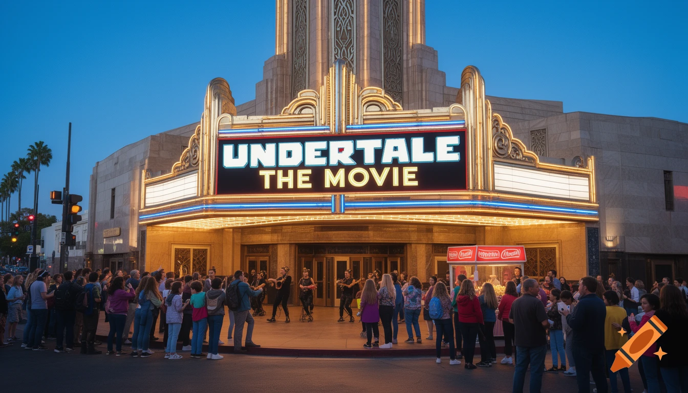 A grand art deco movie theater at dusk, its marquee brightly lit with "UNDERTALE THE MOVIE" above a crowd of people gathered outside.