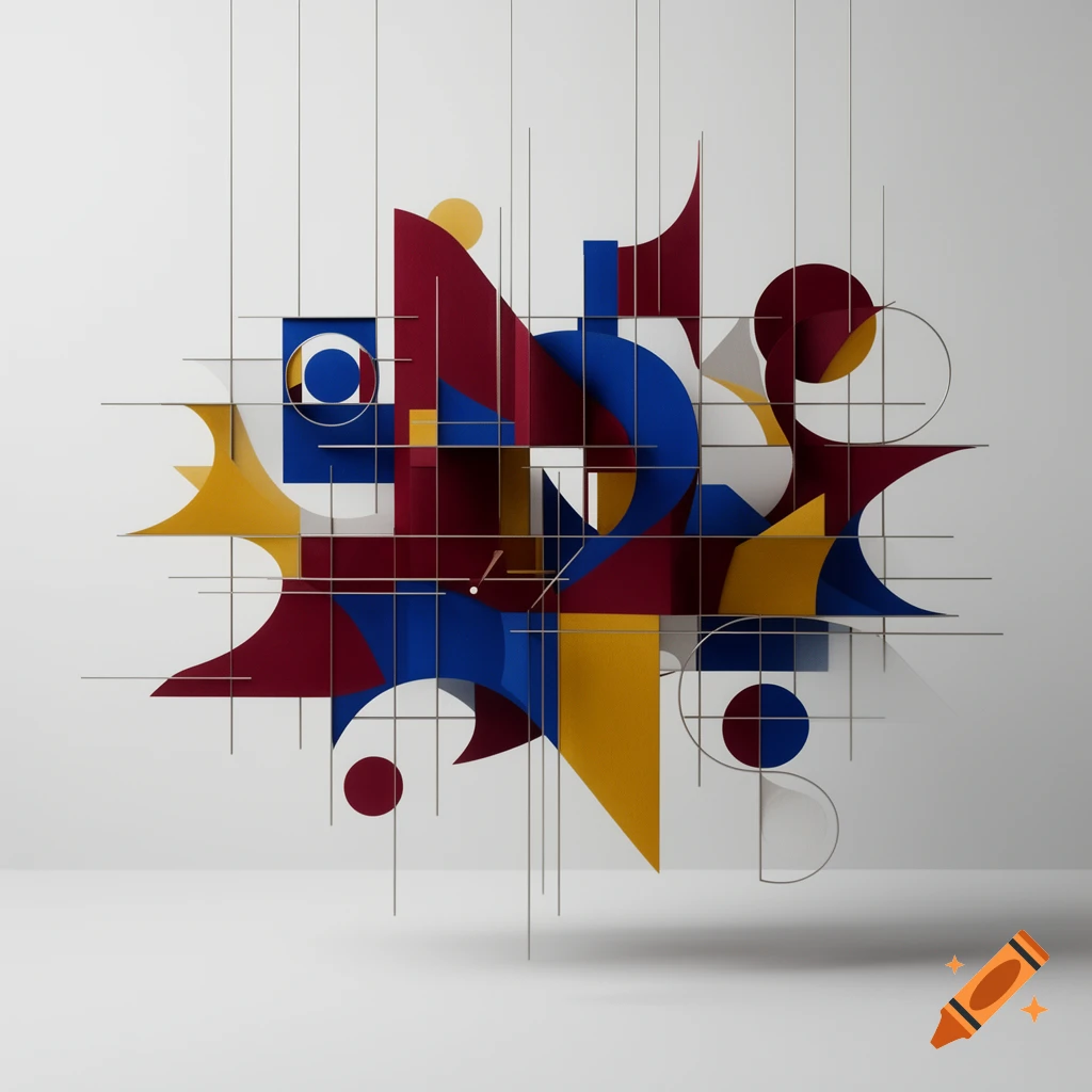 Abstract geometric sculpture with red, blue, and yellow shapes, intersecting lines, and shadows against a white background.