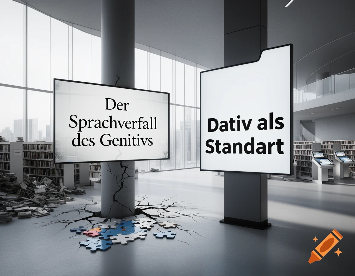 A modern library interior with two large screens displaying German text about the decline of the genitive and the dative as a standard, with cracks on the floor and scattered puzzle pieces.