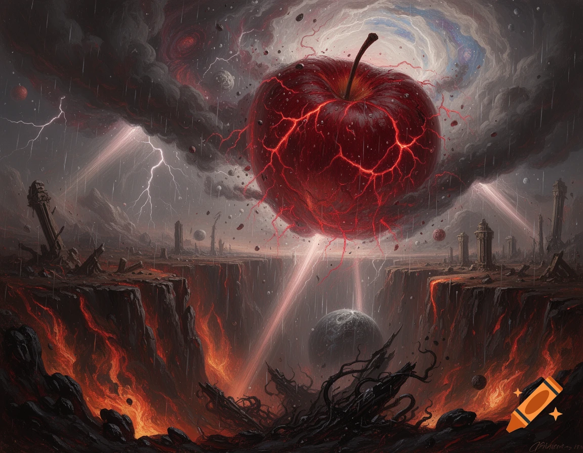Giant, glowing red apple hovers over a stormy, apocalyptic landscape with lightning, lava, and crumbling ruins, in an epic painting style.