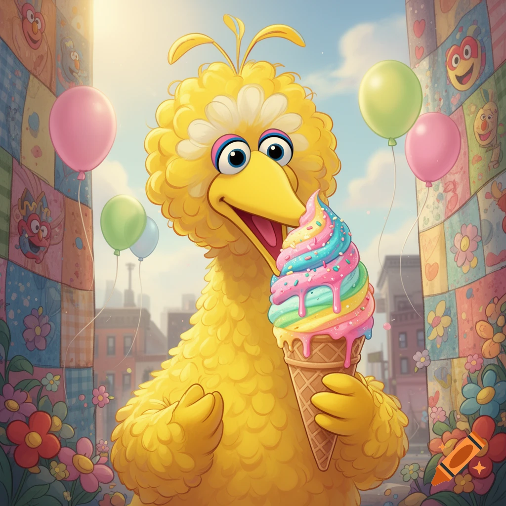 Big Bird happily eating a rainbow swirl ice cream cone in a vibrant, whimsical street scene with balloons and patterned walls.