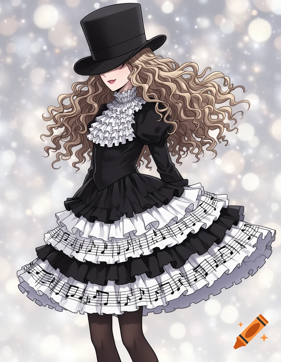 Anime girl in a black top hat, her face partially obscured, wearing a ruffled black and white dress adorned with musical notes, against a bokeh background.