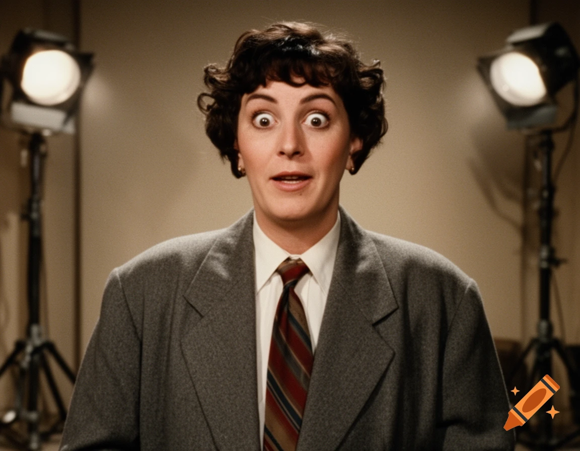 A woman with dark curly hair and a surprised expression, wearing a suit and tie, stands in a studio with two bright spotlights behind her.