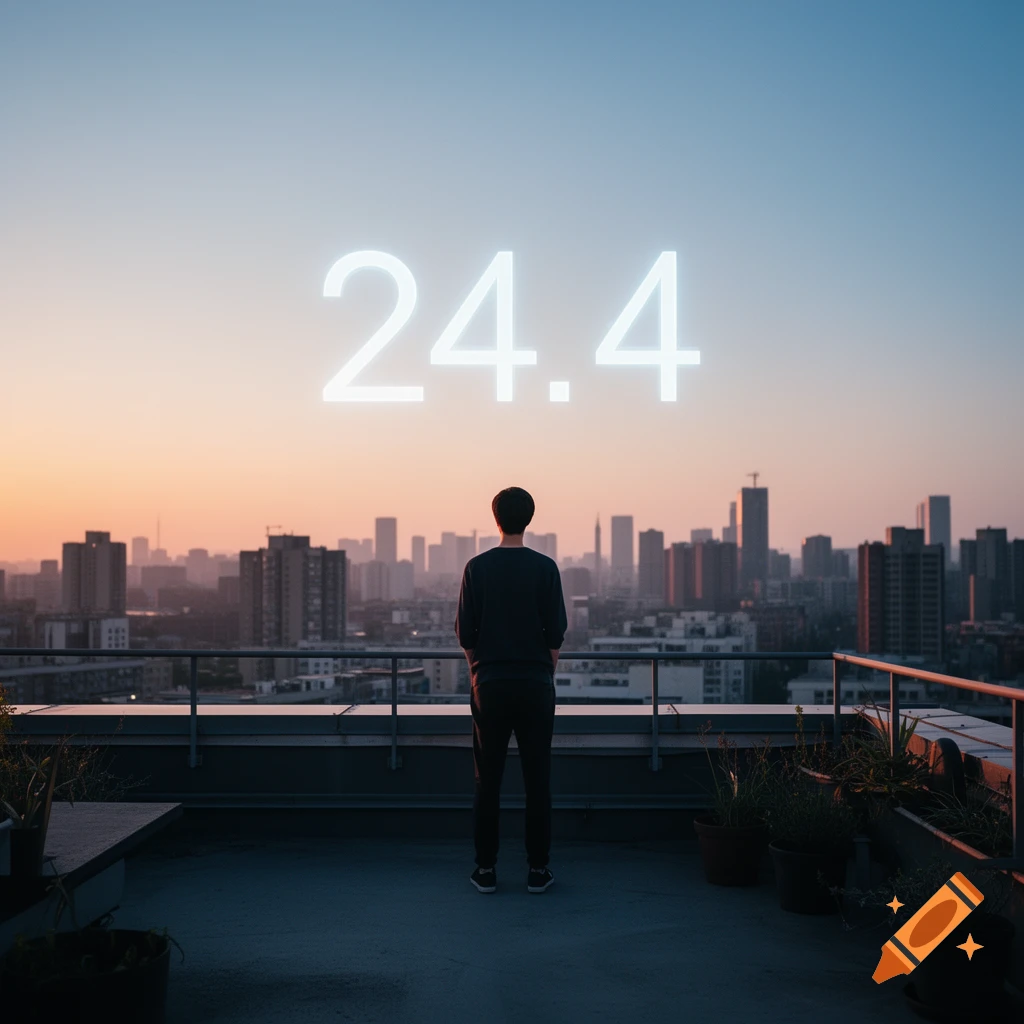 A person stands on a rooftop looking at a city skyline at sunset with glowing numbers '24.4' in the sky.