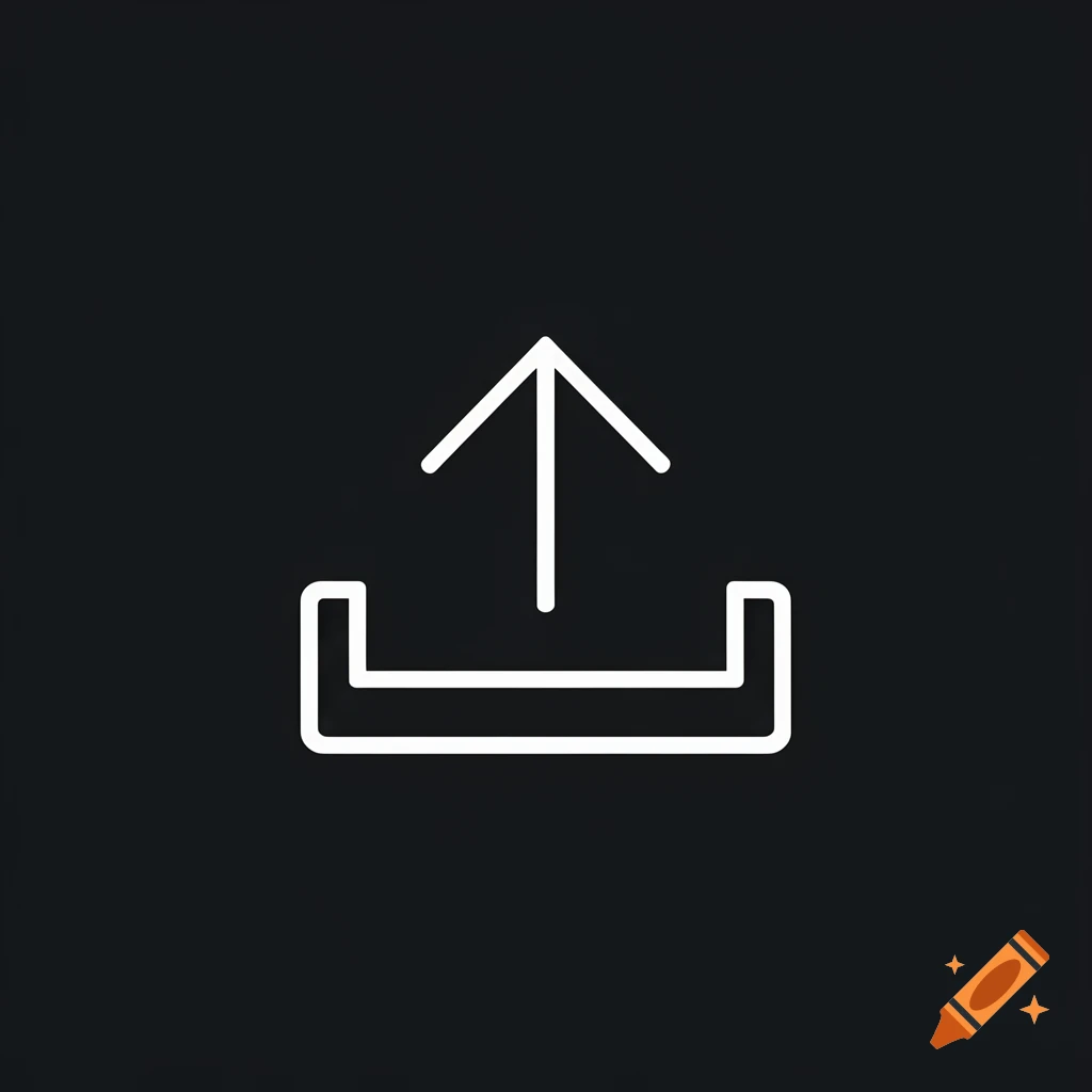 A minimalist white line icon of an upload symbol with an arrow pointing up out of a tray on a dark background.