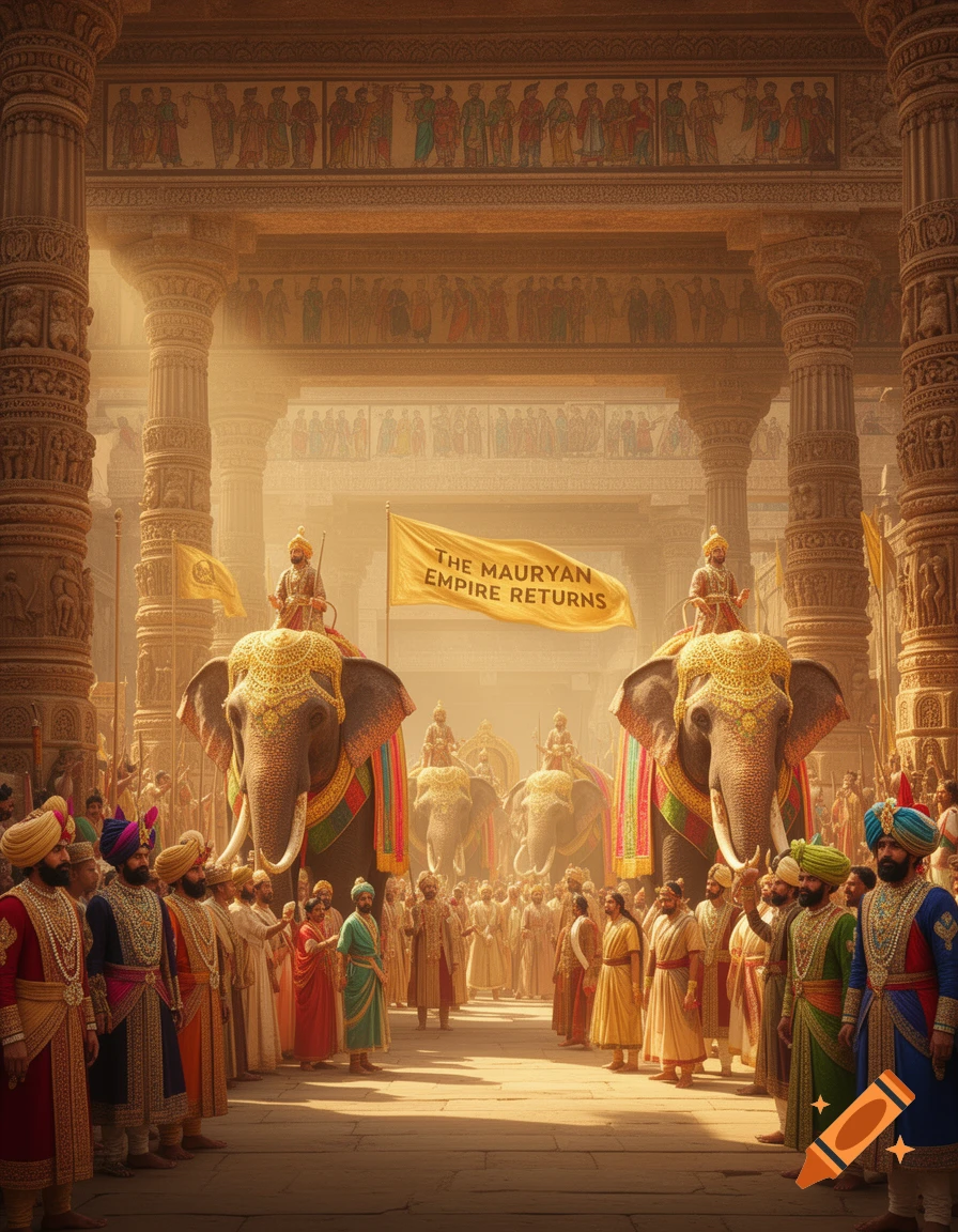 Decorated elephants and people parade through an ancient Indian palace, with a banner stating 'THE MAURYAN EMPIRE RETURNS'.