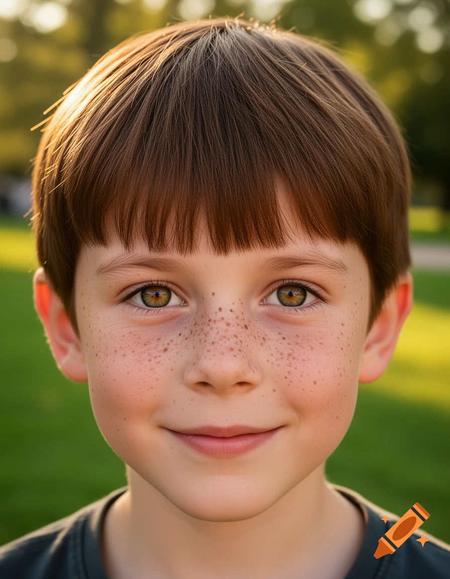 Close-up portrait of a smiling young white boy with freckles, straight brown hair, and green eyes, bathed in sunlight.