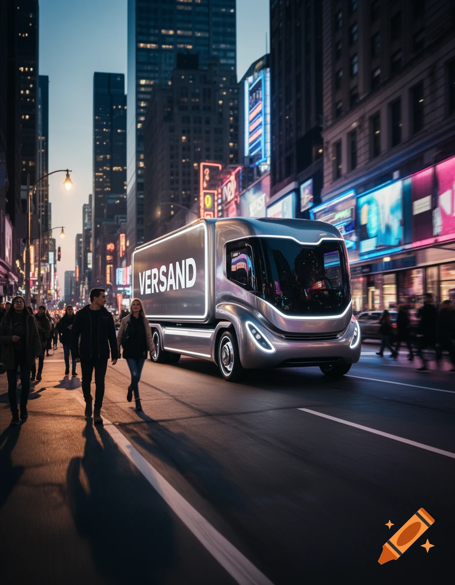 A futuristic delivery truck with 'VERSAND' on its side drives down a bustling city street at dusk, surrounded by tall buildings and neon lights.