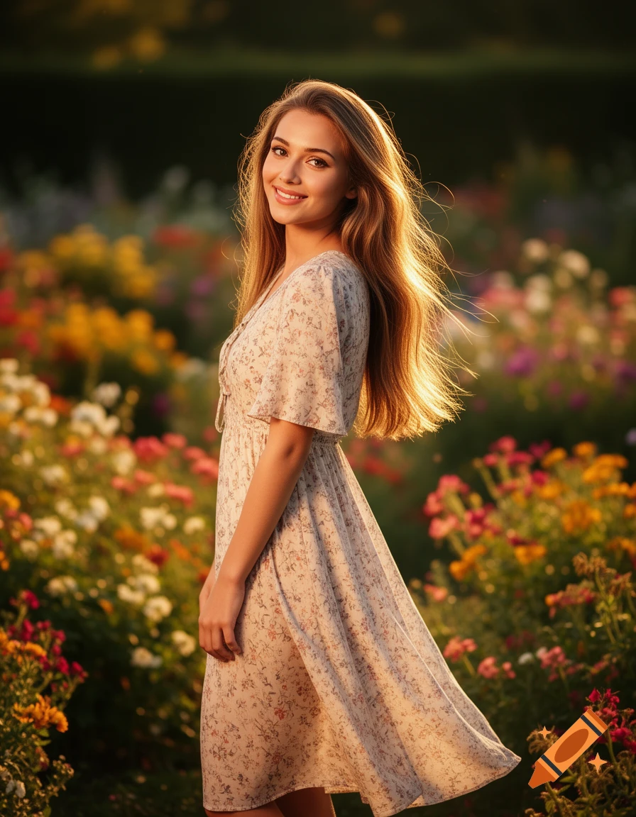 A young woman with long, sunlit hair smiles while standing in a vibrant field of colorful flowers.
