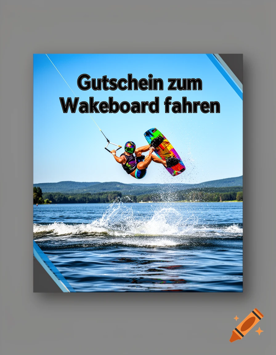 Photorealistic image of a wakeboarder jumping over a lake, with text 'Gutschein zum Wakeboard fahren' above.