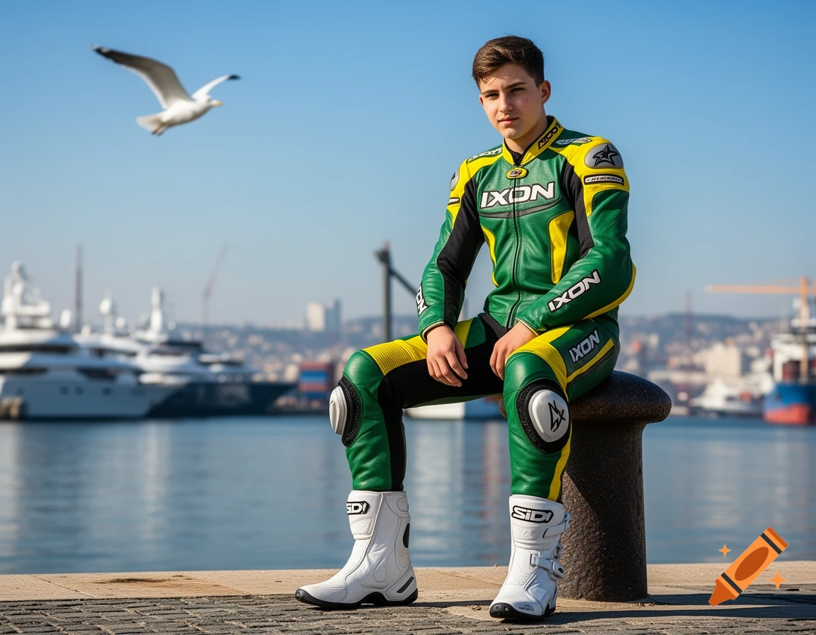 Young male motorcyclist in a green and yellow racing suit and white boots, sitting on a bollard by a sunny harbor with yachts.