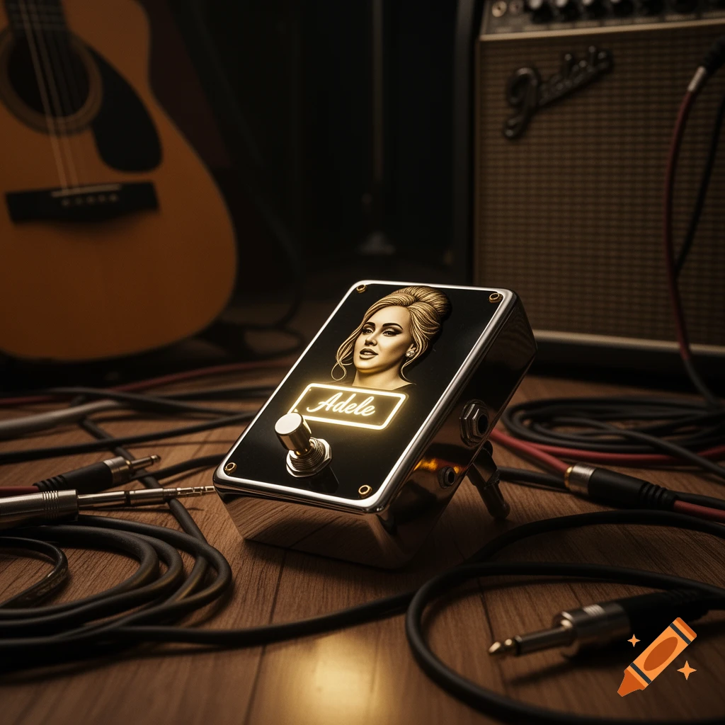 A black guitar pedal with a glowing 'Adele' name and a golden relief of her face, surrounded by cables, a guitar, and an amplifier.