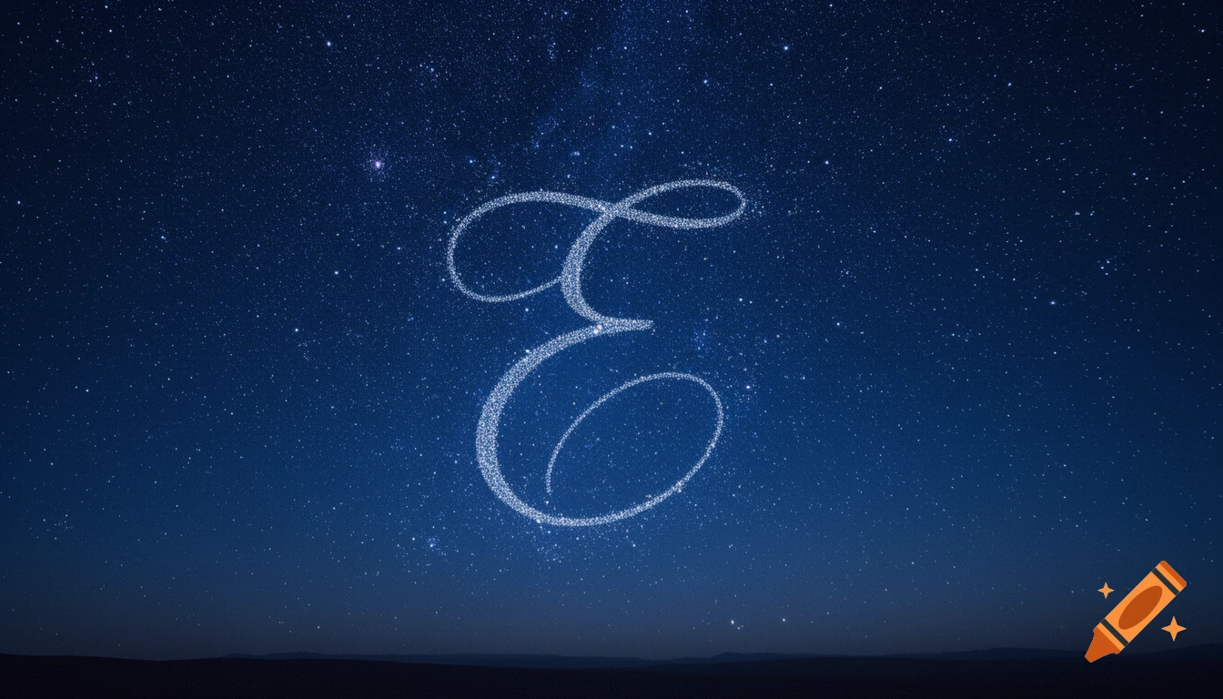 A sparkling cursive letter E formed by stars against a dark blue night sky above a silhouetted landscape.