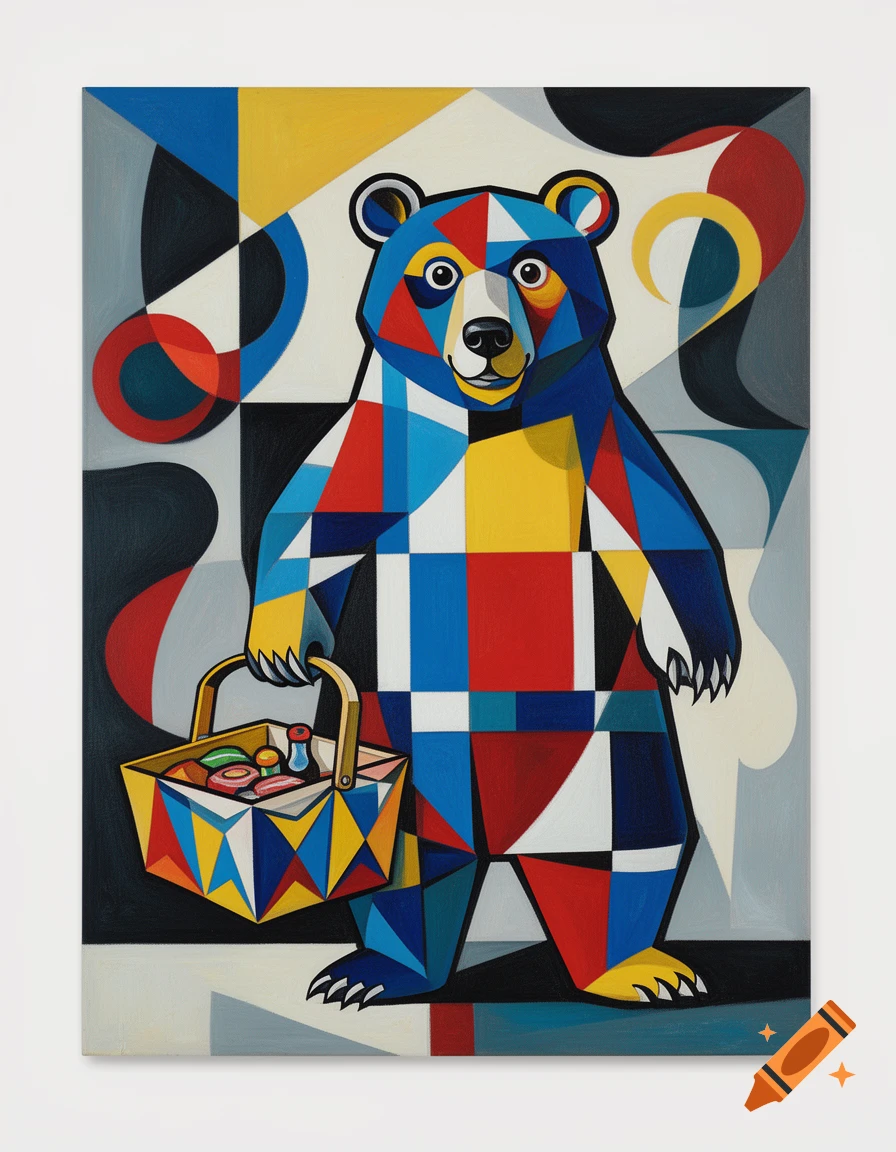 A geometric bear in Mondrian Picasso style holds a colorful picnic basket against an abstract background.