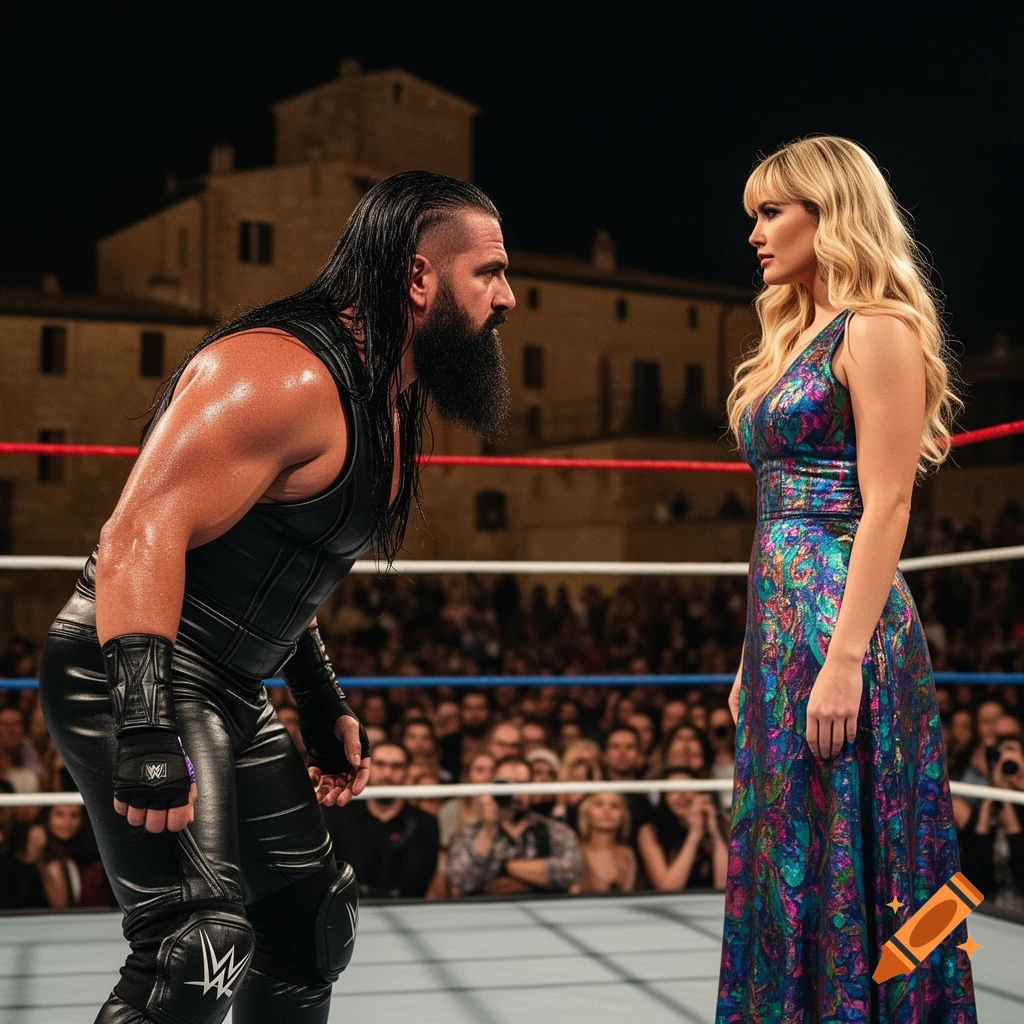 A male wrestler with long hair and beard in black gear faces a woman in a vibrant patterned dress inside a wrestling ring.