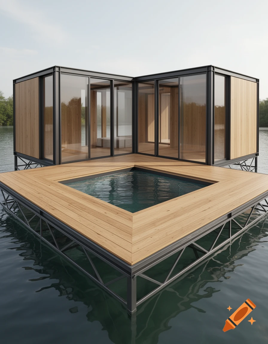 A modern L-shaped building with glass walls and wood paneling on a wooden platform with a square pool in the center, floating on a serene lake.