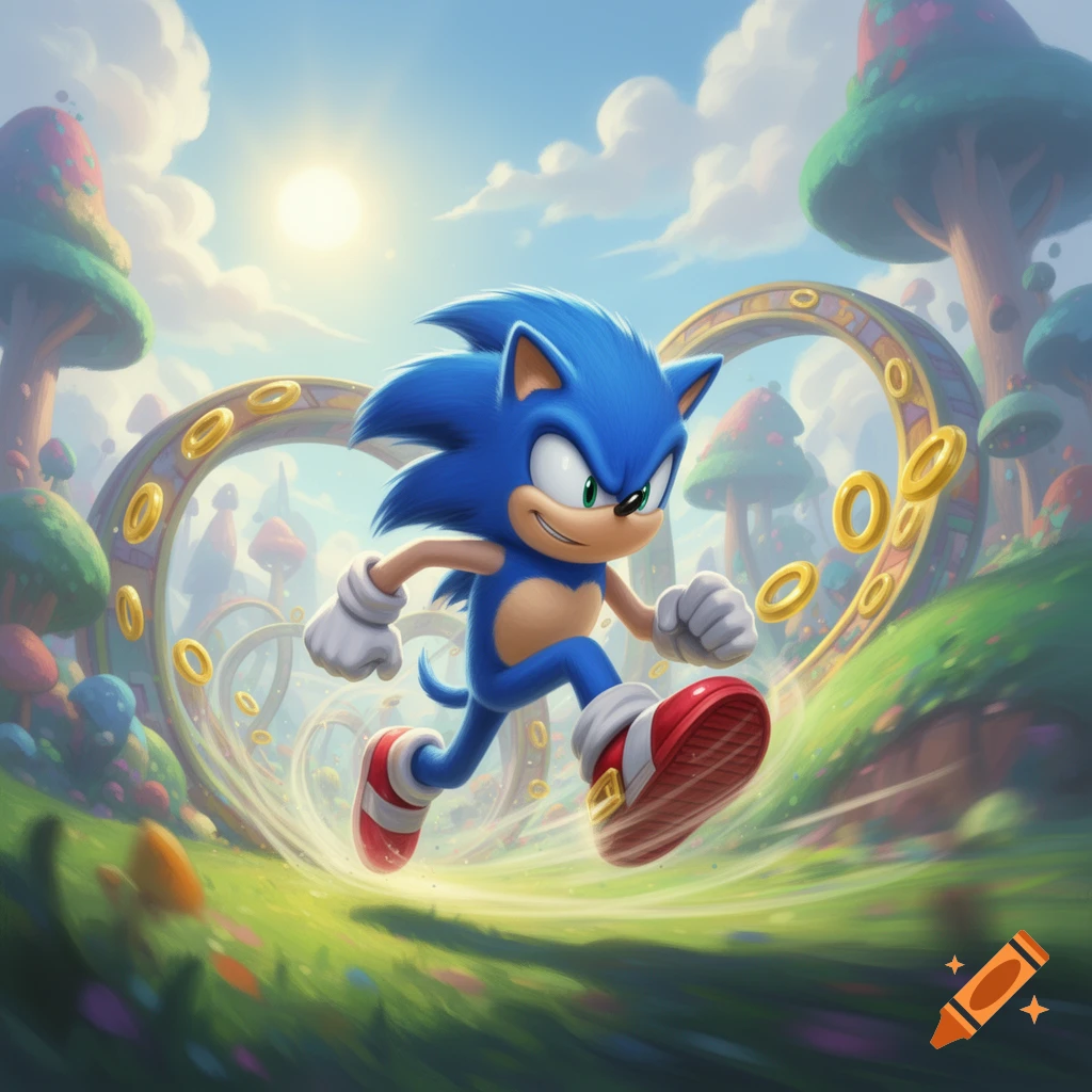 Sonic the Hedgehog runs through a vibrant, fantastical green landscape with golden rings and whimsical trees under a sunny sky.