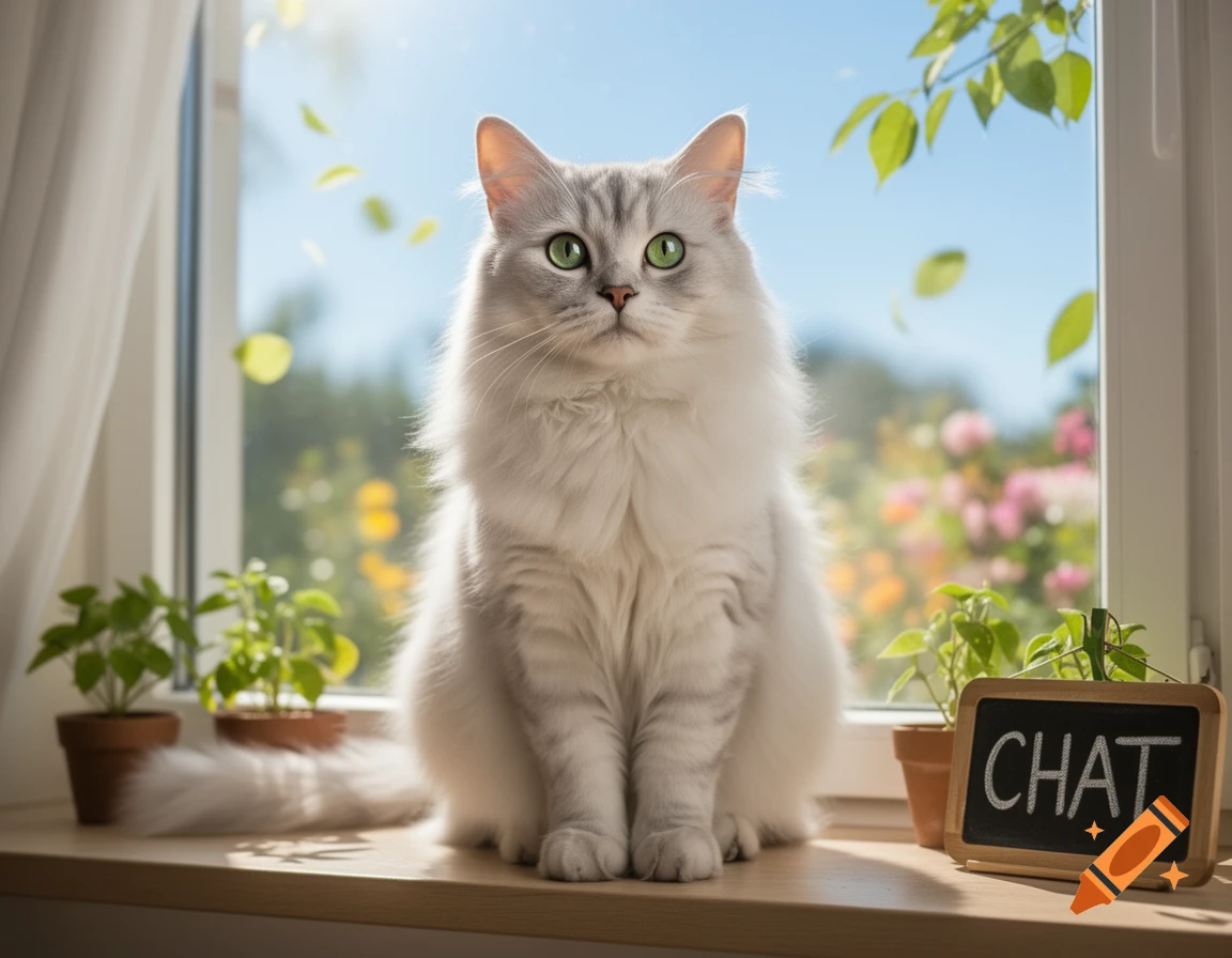 A fluffy light-colored cat with green eyes sits on a sunlit windowsill with potted plants and a "CHAT" sign, looking out at a bright outdoor scene.